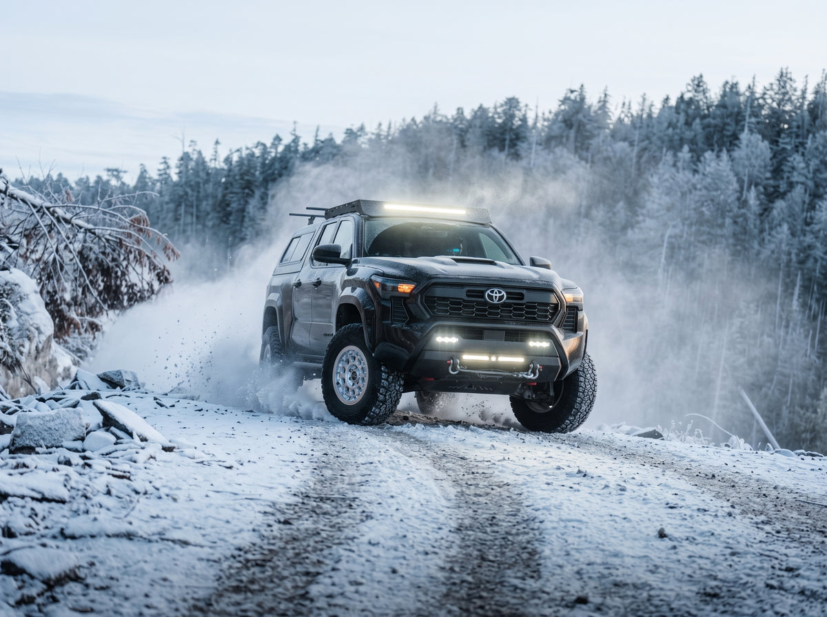 Yokohama all terrain tires on a truck in winter conditions
